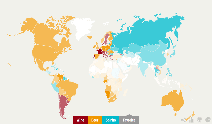 map of which alcohol each country prefers