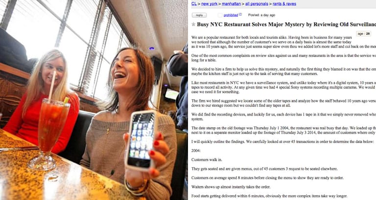 Busy Nyc Restaurant Notices Diners Were Way More Considerate Pre Iphones Writes Rant On Craigslist About It First We Feast