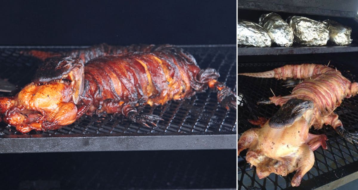 What Do You Call a Bacon-Wrapped Alligator with a Whole Chicken in Its