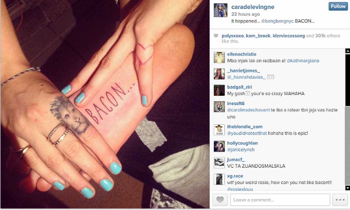 Supermodel Cara Delevingne Gets "BACON" Tattooed on Her Foot | First We